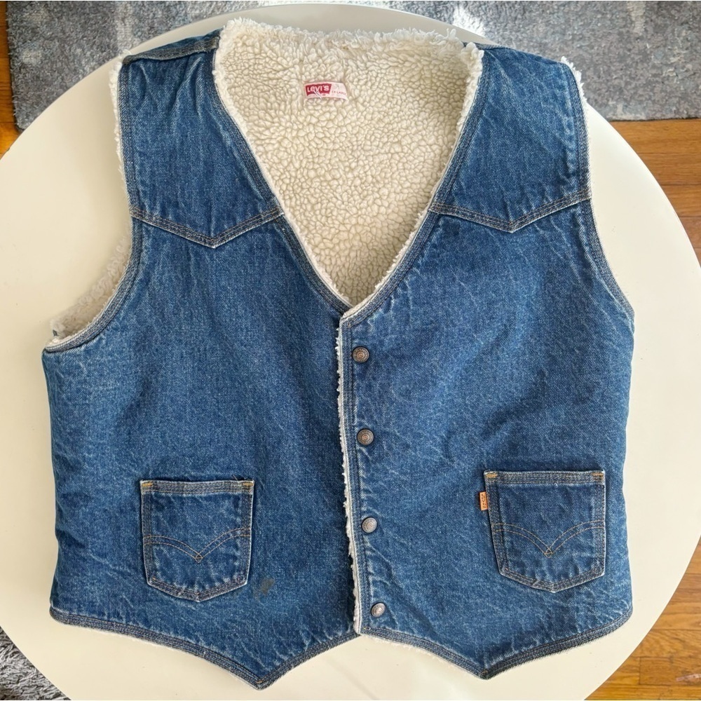 Vintage Levi’s Men’s Orange Tab Sherpa Fleece Denim Snap Button Vest Size XL